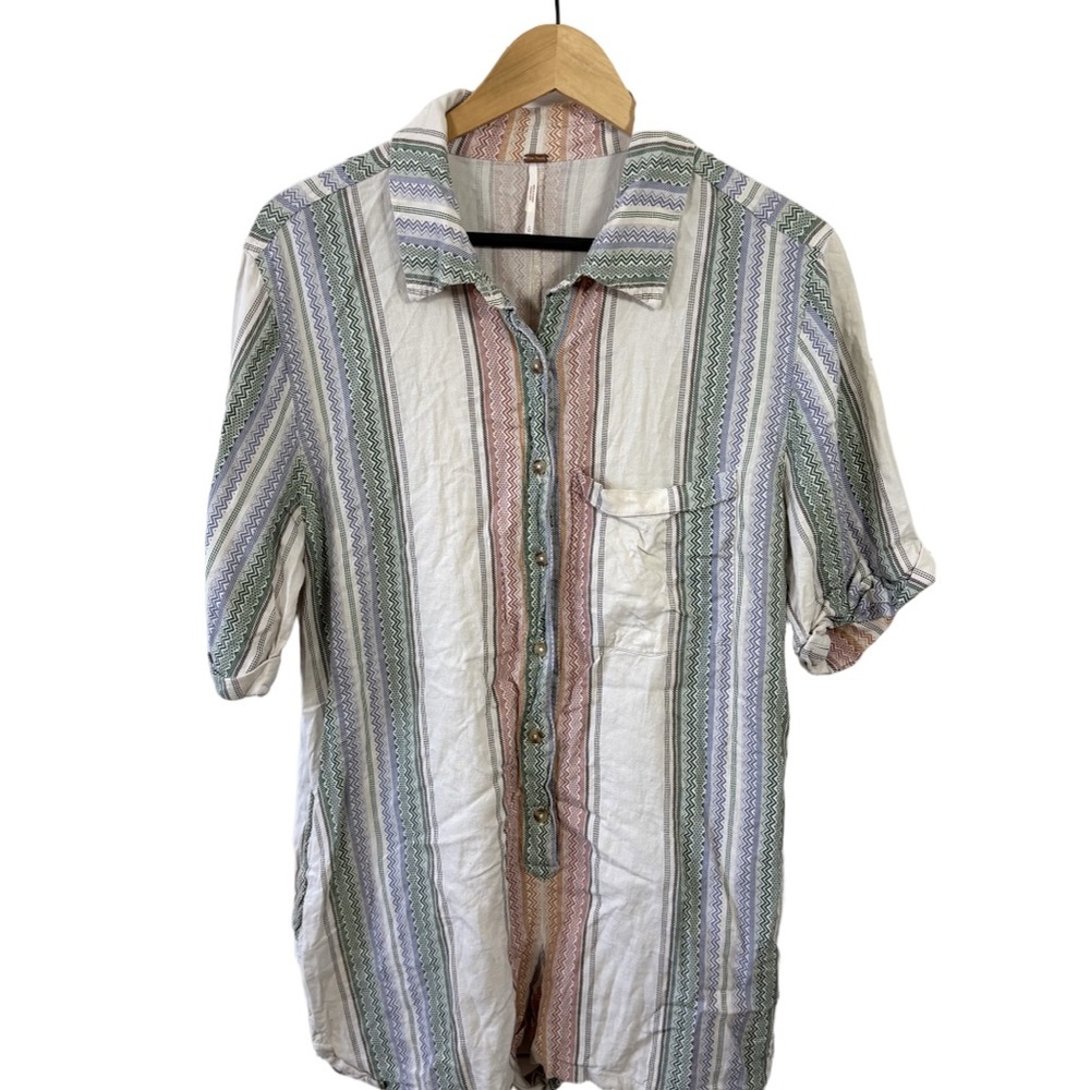 Free People Linen Blend Striped Romper Boho Button Front XS